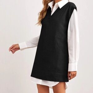 Queens Fashion Long V-neck Sweater Vest in Black